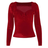 Women Fashion Autumn Winter Long Sleeve Square Neck Velvet Female Soild Color Tops T Shirt 2021 Fall Clothes
