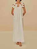 Solid Flower Cut Out Drawstring Strap Dresses For Women Sexy Backless Sleeveless Loose Dress Causal Lady Vacation