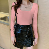 Zingj Square Collar Undershirt With The 2024 New Fall Tight Low Collar Long-Sleeved T-Shirt-Outfit