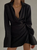 Padded Shoulder Shirt Dress Elegant Fashion Casual Cover Finger Long Sleeve Folds Party Evening Mini Dresses for Women