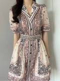 Elegant Pink Printed Belt Mini Dress For Women Fashion Lapel Short Puff Sleeve A-line Dresses Spring Summer Party