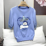 New Beading Embroidery Puff Sleeve Sweater Fashion Women Knitted Pullover Slim Fit Short Knitwear Y2K Casual