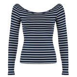 Zingj Big Round Collar Off-The-Shoulder T-Shirt 2024 New Hot Girls Show Thin Striped Top
