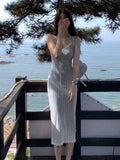 Zingj Pink Lace Sexy Sling Dress Women's Summer Waist V-Collar Knitted Skirt Hollowed-Out Hip