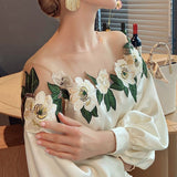 Yuanfeng Heavy Industry Mesh Stitching Satin Embroidered Shirt Women's 2023 Early Autumn New