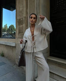 V Neck Hollow Out Lace Up Long Sleeved Shirt Set Women Causal Loose Solid Wide Leg Pants Suit New Ladies Street