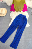 Vintage Women Draped Two Piece Set Blue/Red/Yellow Patchwork O-Neck Short Tops + High Waist Pleated Pant Suits Female