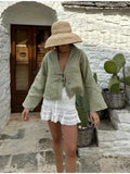 Fashion Solid Lace Up Loose T Shirt Women Elegant V Neck Long Flare Sleeve Tops Spring Female Commute Street Chic