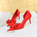 Zingj Korean Version Pedicure Slim And Sweet Women's Shoes Thin Heel High Heel Shallow Tip Side Hollow Bow Single