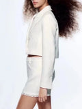 Fashion Single Buttons Cropped White Blazer Coat Vintage Side Pockets High Waist Shorts Female Chic Sets