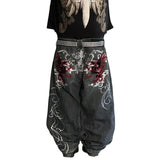 Trend Of Spring And Autumn Street Dark Gotham Haircut Printed Jeans Loose Personality Wide-Legged