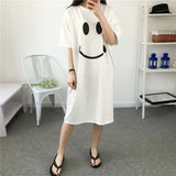 Happy Smile Face Pattern O Neck Short Sleeves Home Plus Size Cotton Nightowns for Women One Piece