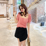 Collarbone Square Neck Knitted Short Sleeved Top Traf Spring Soft Female Basic Woman Winter Sweater Women's