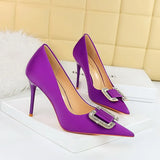 Zingj Fashion Banquet High Heels Fine Heel Shallow Pointed Satin Metal Water Diamond Buckle Single Shoe