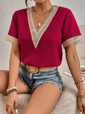 Women's Dress V-Neck Lace Loose Top Commuter Short-Sleeved Shirt Women Splicing