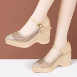 Heel Water Drill Sandals 2024 Summer New Soft-Soled High-Heeled Thick-Soled Waterproof Platform One-Word Buckle Comfortable Hollowed-Out Single
