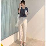 Zingj Waist Jeans Female 2024 New Autumn Thin Model Versatile Show Thin Loose Straight Tube Nine Points Trend White Pants-Outfit