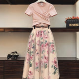 Fresh Chiffon Skirt Elegant Short Sleeve Bowknot Tops Floral Mid-length High Waist Slim Two-piece Suit Shirt Skirt