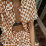 Women Lounge Wear Summer Plaid Tracksuit Shorts Set Short Sleeve Shirt Tops And Mini Shorts Suit Green Two Piece
