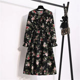 Summer Dress Women Lady Korean Style Vintage Floral Printed Cotton-Chiffon Shirt Dress Long Sleeve Bow Midi Dress