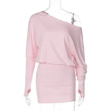 Solid Off Shoulder Long Sleeve Mini Dress-Outfit