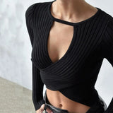 Zingj Women's Autumn New Sexy Show Thin Crop Pit Knit Long Sleeve Jacket Female- Outfit