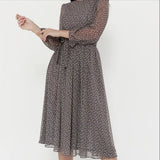 Women's Long Sleeve Black Chiffon Printed Round Neck Lace Dot Formal