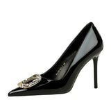 Zingj Banquet Rhinestone Belt Buckle Women's Shoes Patent Leather Shallow Pointed High Heel Single