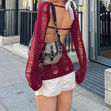 Women's New Hollow Bare Back Shirt Retro Solid Color Coat On The Head Of The Women's