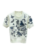 Summer Butterfly Flower Embroidery Sweaters Women's Knit Tops Design Runway O-Neck Short Sleeve Pullover Knitwear