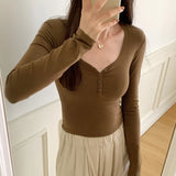 Style Slim Long-Sleeved T-Shirt For Thin Spice Girl A New Solid Color Bottomed Shirt With Low Collar Collarbone Blouse For Women In Early
