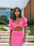 Women Two Piece Skirt Set Square Collar Princess Sleeve Top Slim Bright Line Decoration Dress Suit New Evening Party