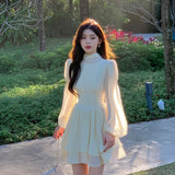French Chiffon Midi Dresses for Women Elegant Long Sleeve Slim Ruffle Dress Gentle Fairy Clothes Sweet Puffy Short