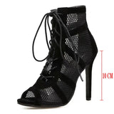 Black Net Suede Fashionable Cross-Tie Large Size Fish Mouth Sexy High-Heeled Lace-Up Women's