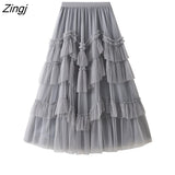 Tulle Purple Green Long Skirts Womens Korean Style Solid High Waist A-Line Tutu Skirt Female Mesh Pleated Maxi
