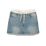 New Spring Style Literature And Art Retro Style Tie Slim And Show Thin Spliced Denim Skirt