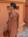 Single Breasted Ruffle Suspender Maxi Dress Women Sexy Deep V Neck Backless Slim Dreses Summer Lady Party Vacation