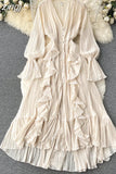 Chiffon Pleated Long Dress Women Vintage V-Neck Flare Sleeve Draped Ruffle Vestido Female Maxi Robe Spring