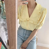 Women Blouses Solid Ruffles Sweet Short Sleeve Peter Pan Collar Tender Elegant Teens All-match Retro Ulzzang Lovely XS-3XL
