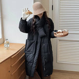 Scarf Long Down Jacket Female 2024 Winter Korean Sweet Thick Pocket Over The Knee White Duck Down High-End Coat-Outfit