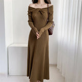 Zingj Hepburn Style Advanced Sexy Shoulder Black Long-Sleeved Knitted Dress Women's Autumn Temperament Slim