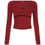 Lace Trim Round Neck Bow Coquette Long Sleeve TeeOutfit