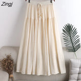 Cotton Pleated Skirt Women Drawstring Elastic High Waist Long Skirts Daily Beach Boho Black White A-line Skirt Faldas