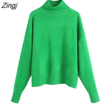 Women Simply Mock Neck Solid Green Color Casual Knitting Sweater Female Chic Basic Long Sleeve Pullovers Brand Tops