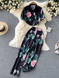 Women Floral Two Piece Set Office Ladies Printed Turn-Down Collar Single Breasted Tops + High Waist Wide Leg Pants Suit 2023