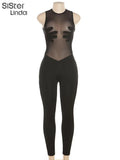 Handprint Patchwork Jumpsuit Women Sleeveless Skinny Mesh See Through One Piece Overalls Midnight Workouts