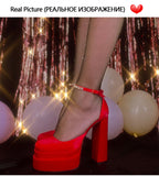 Onlymaker Square Toe Sandals Platform Thick High Heels Solid Mixed Colors Crystal Buckle Stain Sandals Graceful Women
