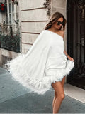 Zingj Shoulder Feather Hem Mini Dress Women Loose Backless Irregular Short Dresses 2024 New Fashion Lady Evening Prom Vestidos 211-1-Outfit