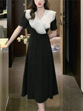 Women Elegant One Piece Midi Dress Office Lady Fashion Casual Patchwork Party Clothes