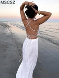 Backless Sexy Beach Party Dress Women Spaghetti Strap Drawstring Ruched Long Dress Cross Bandage Bodycon Summer Dress
